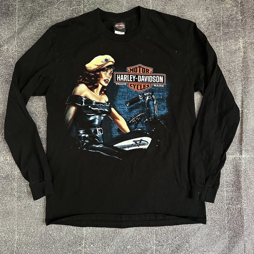 Men's Harley Davidson Motorcycles Pin Up Girl Black Long Sleeve T Shirt Tee Sz L